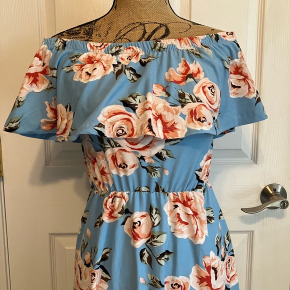 Hot Kiss baby blue pink floral high low stretchy dress off shoulder midi S - Picture 2 of 12